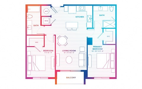 Floor plan for 2 beds, 2 baths, 982 sqft